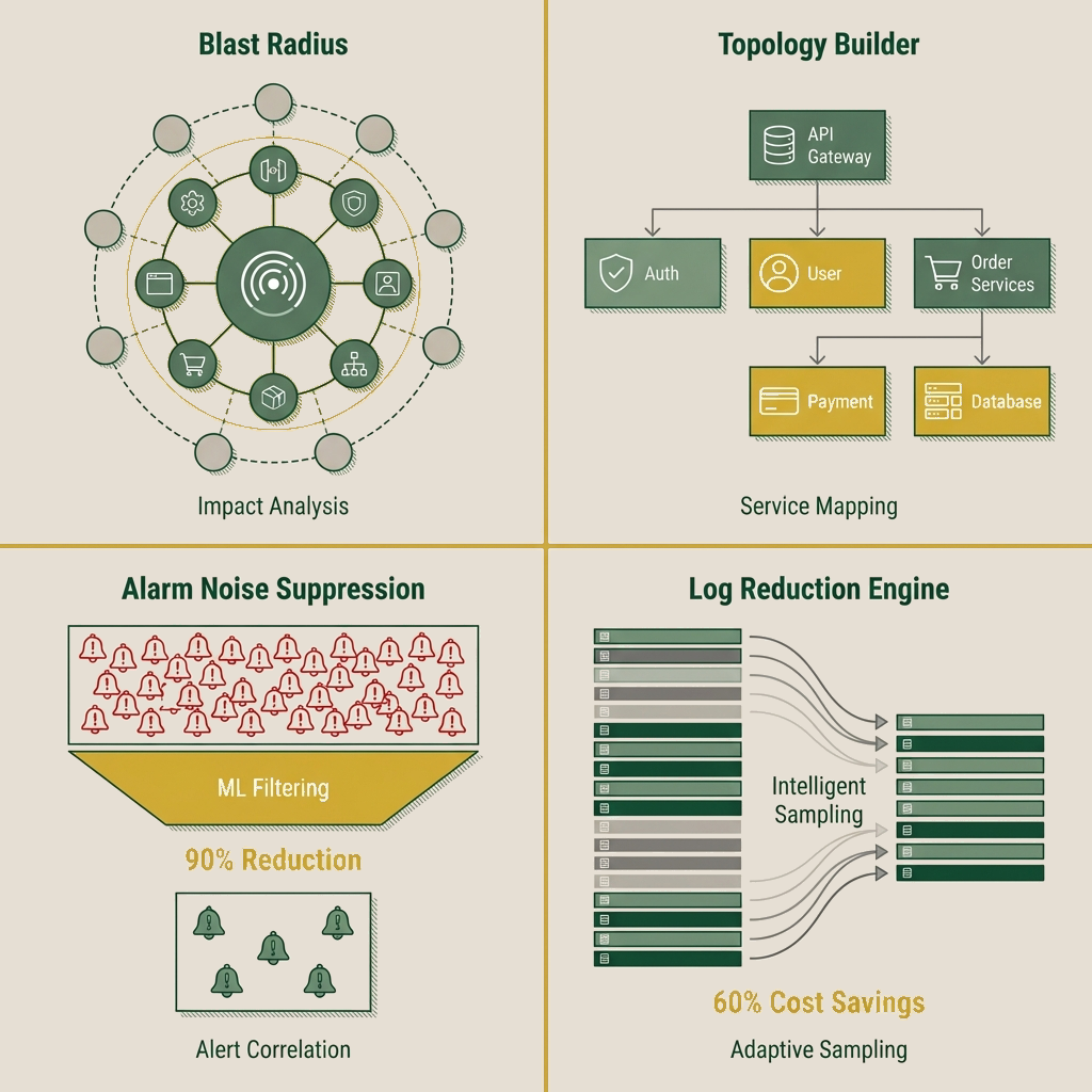 Four-quadrant visualization showing the four SquareShift accelerators: Blast Radius impact analysis network topology, Topology Builder service mapping, Alarm Noise Suppression funnel reducing 10K alerts to 1K, and Log Reduction Engine intelligent sampling pipeline