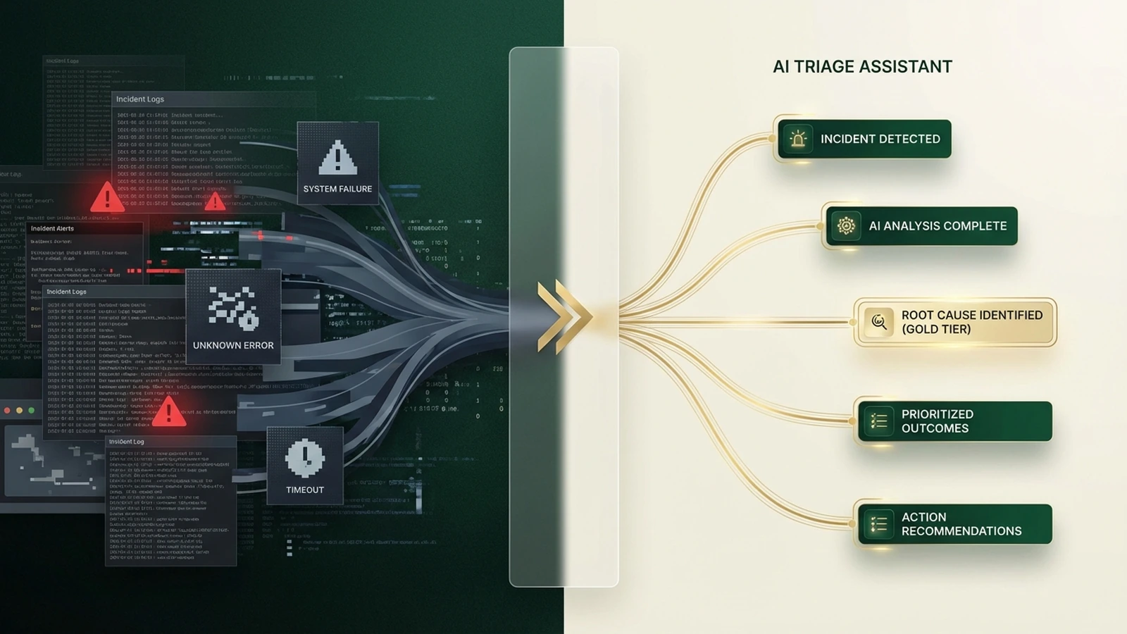 Two-panel comparison showing 45-minute escalation chaos versus 12-minute AI-guided resolution separated by gold dividing line