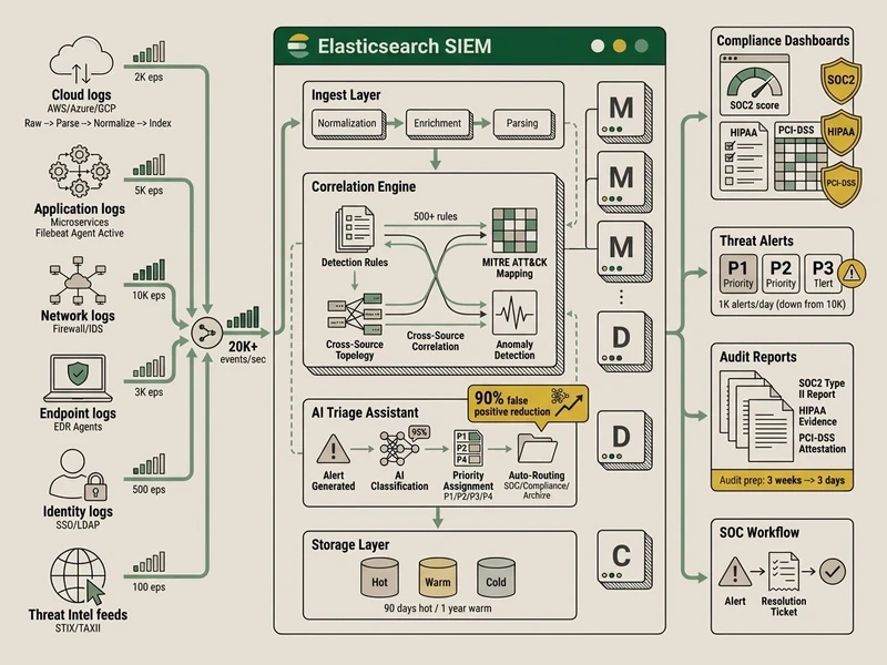 SIEM deployment architecture showing data source integration, Elasticsearch cluster, correlation engine, compliance dashboards, and AI-assisted triage