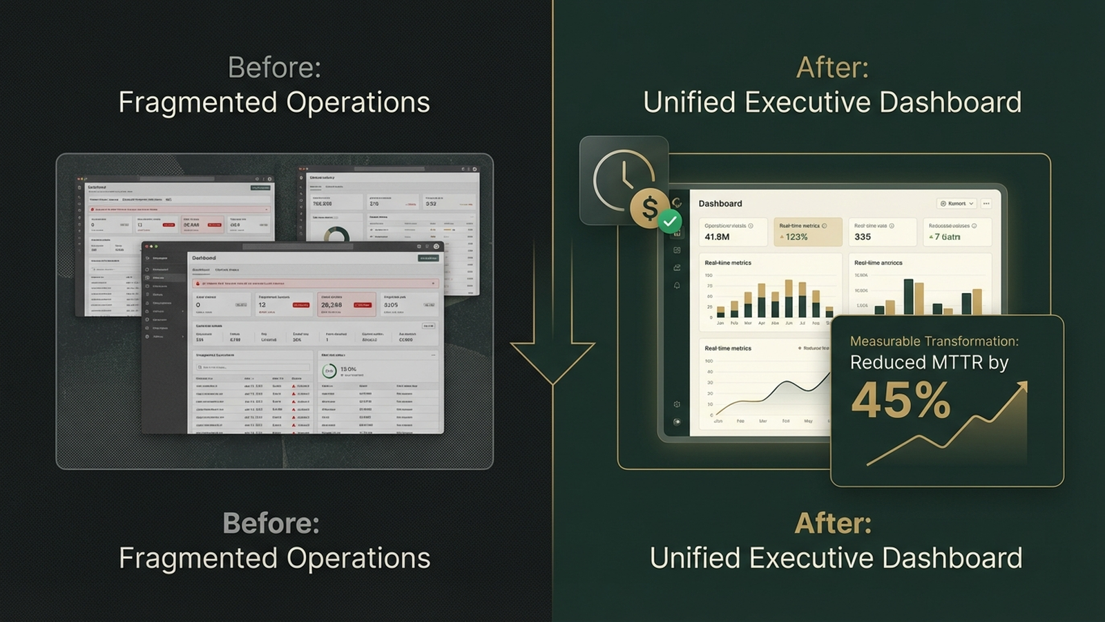Before and after dashboard comparison: left shows 97.2% uptime with red alert indicators, right shows 99.97% uptime with green health status