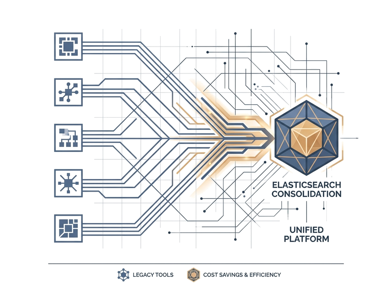 Abstract data visualization showing five observability tools consolidating into one unified Elasticsearch node with muted blue and amber accents