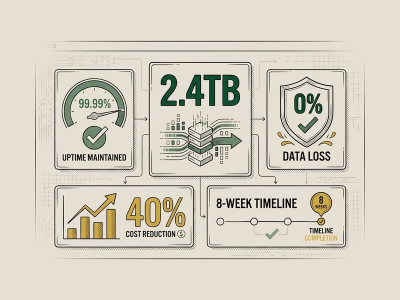 Case study dashboard showing 2.4TB migration metrics: 99.99% uptime maintained, 0% data loss, 40% cost reduction, 8-week timeline completion