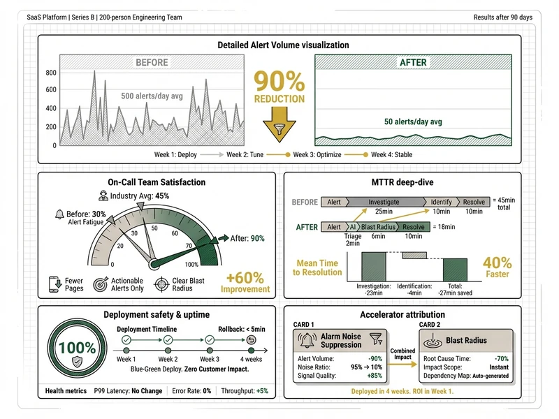 Accelerators case study dashboard showing 90% alert reduction, MTTR improvement, deployment safety metrics, and ROI