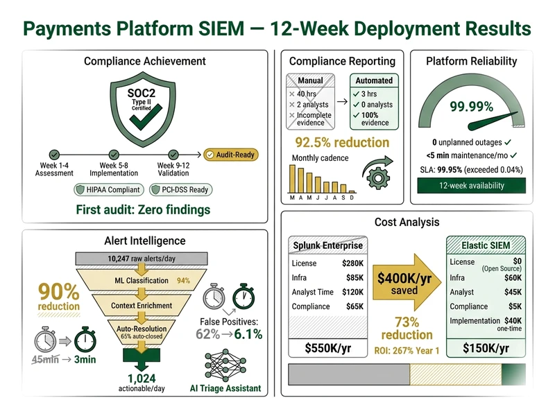 SIEM case study results dashboard showing false positive reduction, compliance audit pass rate, deployment timeline, and cost savings