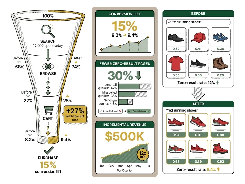 E-commerce search case study dashboard showing conversion lift, zero-results reduction, and revenue impact metrics