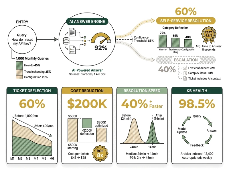 Enterprise knowledge search case study dashboard showing ticket deflection, discovery speed improvement, and cost savings