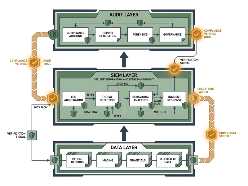 Abstract security visualization showing layered compliance architecture with shield icons and audit checkpoints in muted green and amber tones