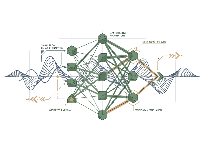 Abstract AI observability visualization showing LLM signal behavior patterns flowing through network topology with muted blue-green and amber tones