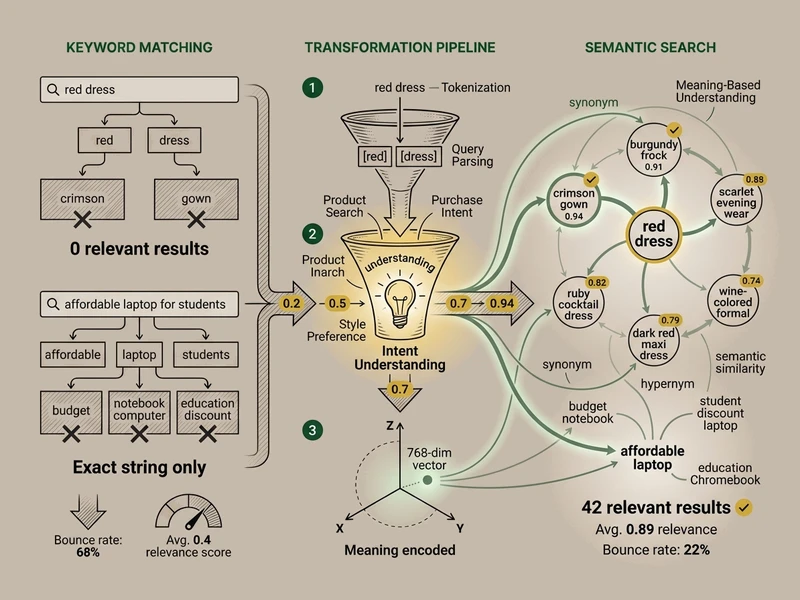 Semantic search concept illustration showing intent understanding, meaning extraction, and contextual relevance matching