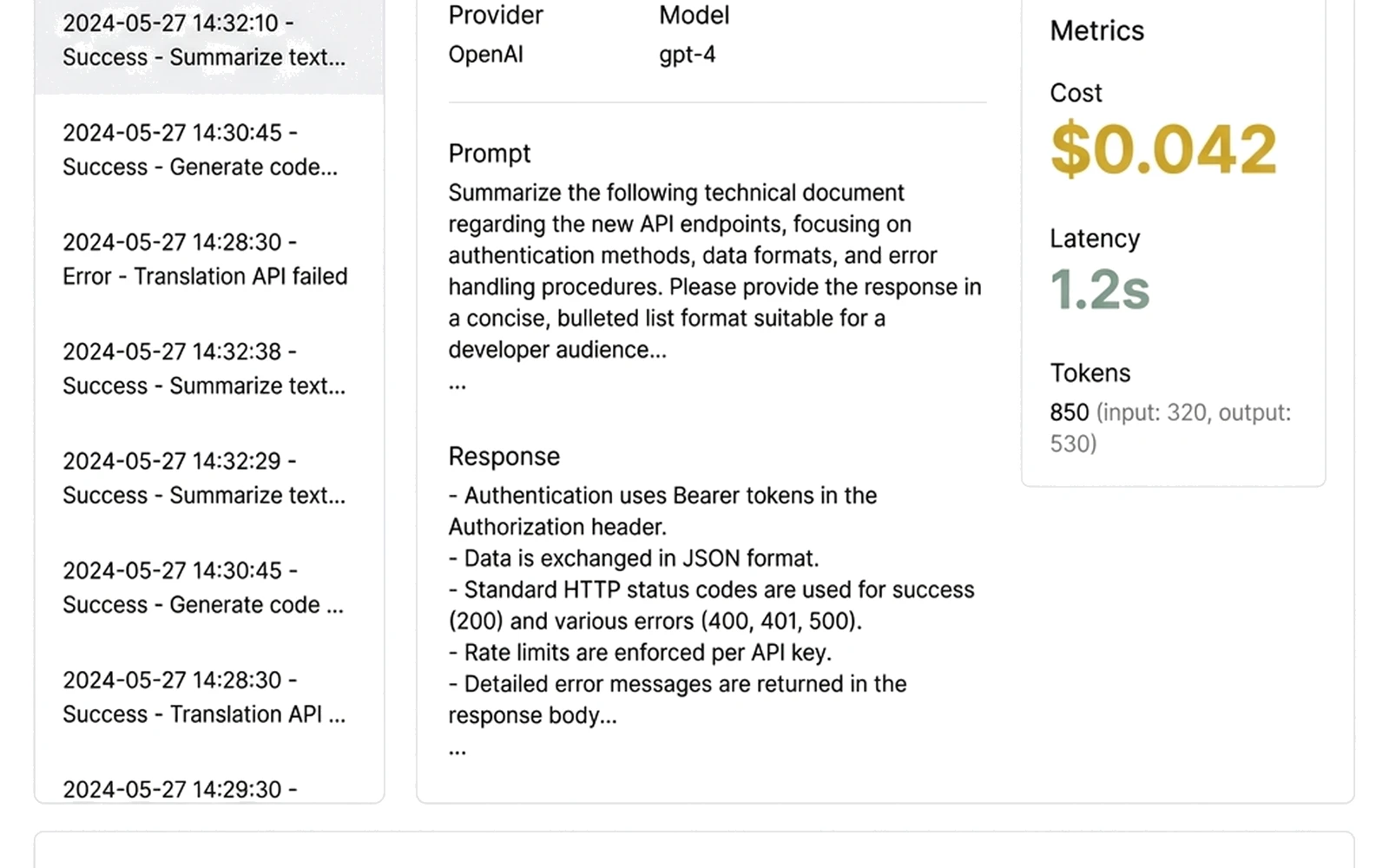 DevScope dashboard showing detailed LLM trace with OpenAI API request, cost analysis, latency metrics, and token usage