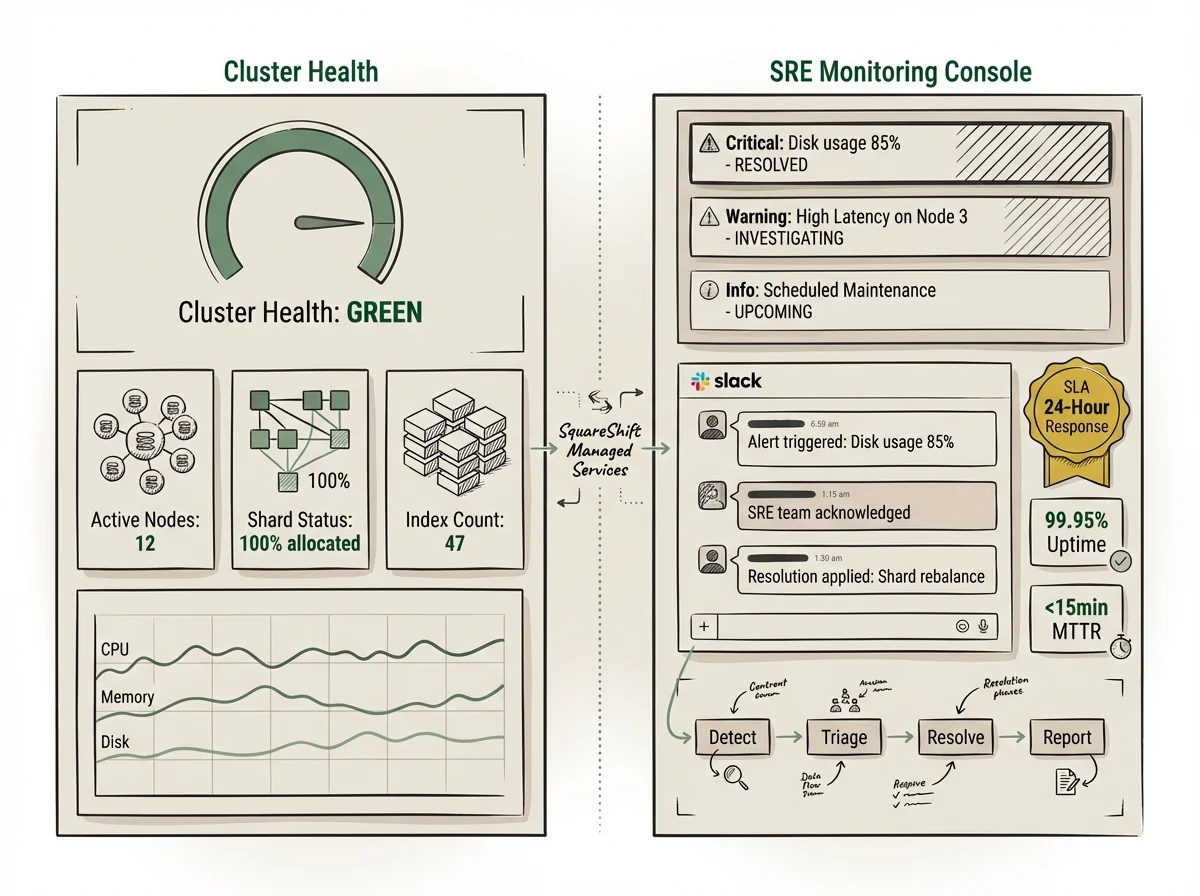 Operations dashboard showing Elasticsearch cluster health metrics and SRE monitoring console with Slack integration