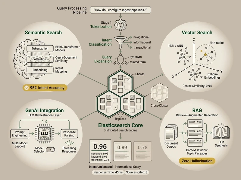 AI-powered search capabilities architecture diagram showing semantic search, vector search, RAG, and GenAI integration layers