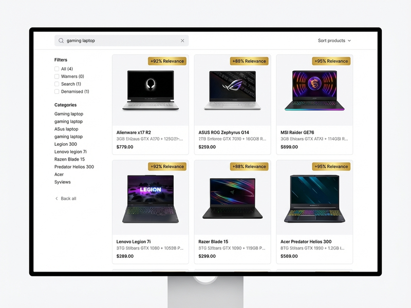 E-commerce product grid showing laptops with AI-powered relevance scores ranging from 88% to 95%