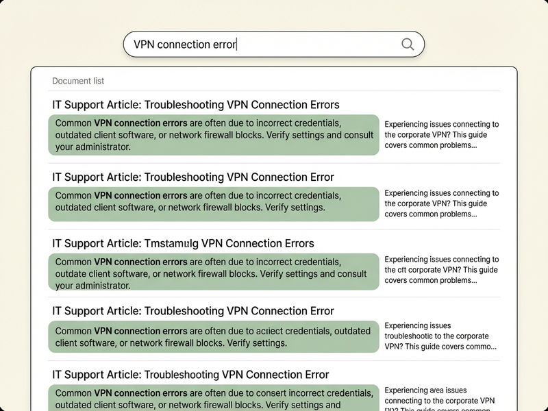 Enterprise knowledge base search results with semantic answer highlights for VPN troubleshooting query