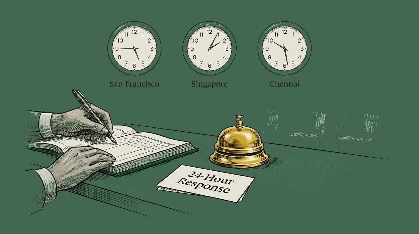 World map showing SquareShift's three office locations in San Francisco, Singapore, and Chennai with timezone clocks and 24-hour response guarantee badge