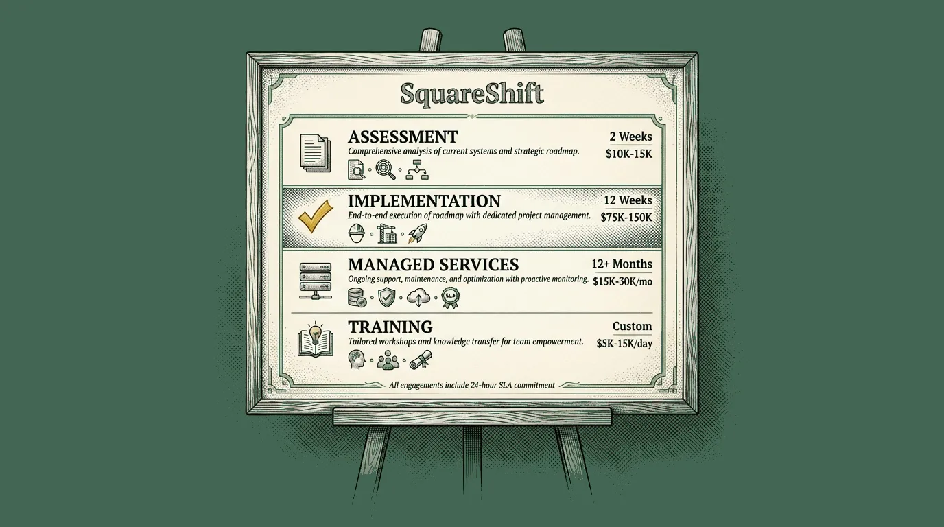 Four Elasticsearch engagement models compared: Assessment (2 weeks), Implementation (12 weeks), Managed Services (12+ months), Training (custom duration)