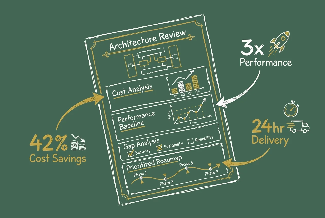 Sample Elasticsearch health check assessment report showing five-section structure with highlighted metrics including cost savings estimate, performance improvements, and compliance timeline
