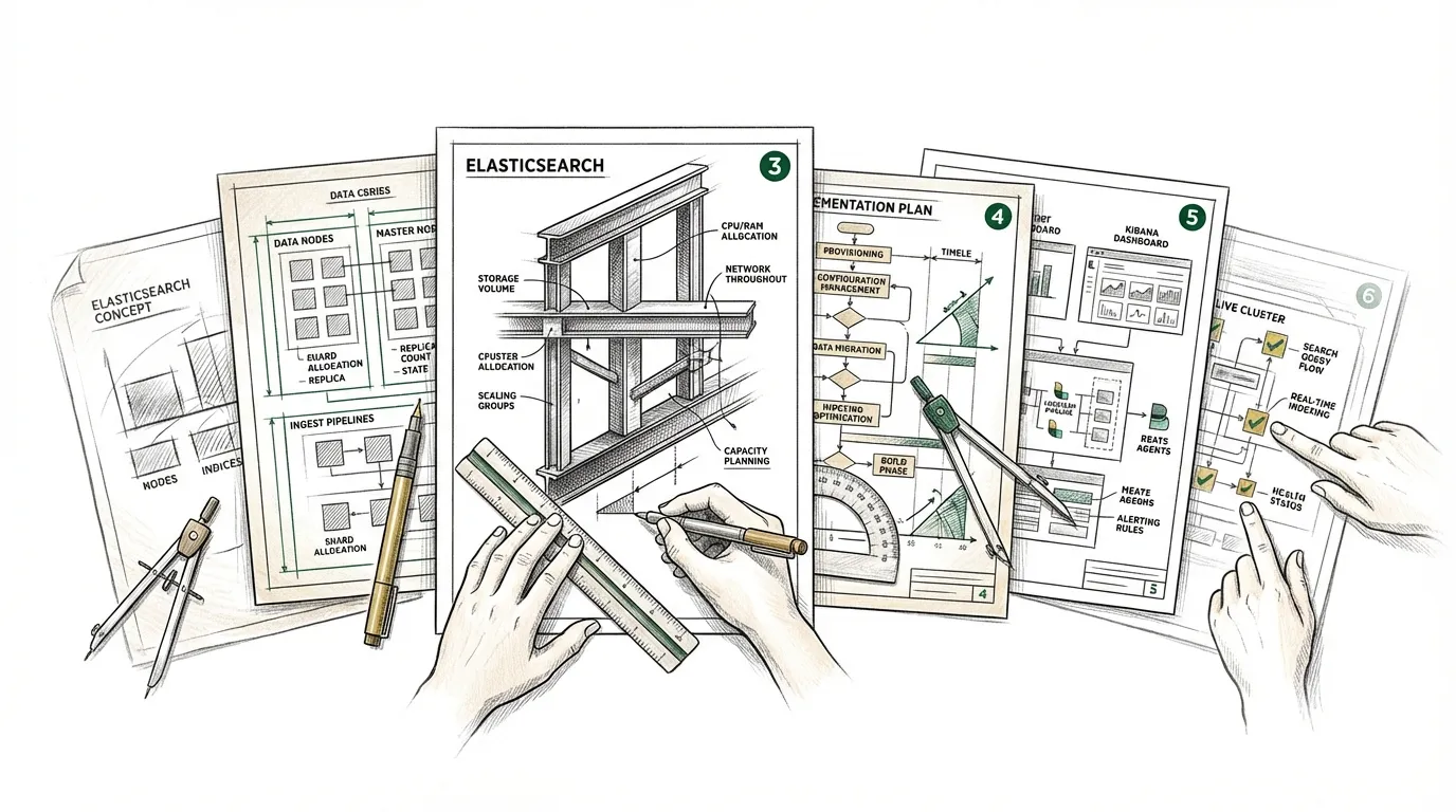 6-phase Elasticsearch delivery methodology timeline: Discovery (1-2 weeks), POC (2-4 weeks), Architecture (2-4 weeks), Implementation (4-12 weeks), Production Hardening (2-4 weeks), Operate (Ongoing). Horizontal progression from left to right with Royal Gold connecting arrows.