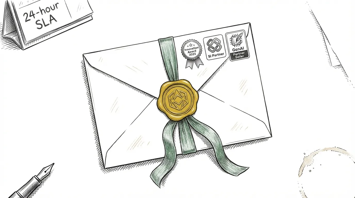 SquareShift Elastic Innovation Award 2023 badge composite with SI Partner, GenAI Partner Seller, and Select Reseller badges on subtle network topology pattern