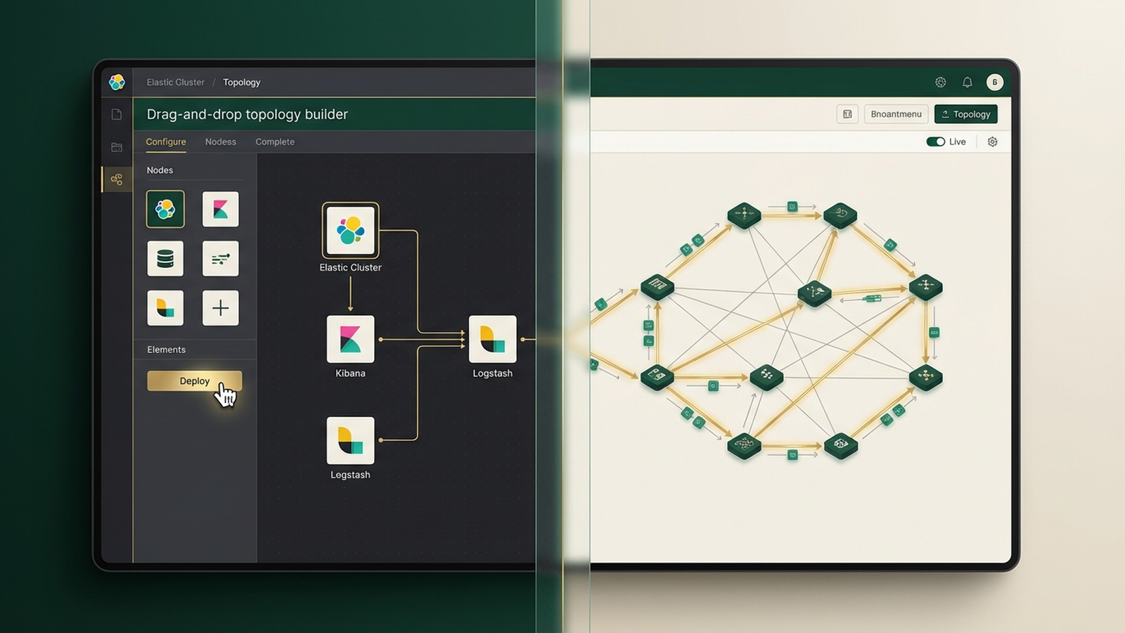 Before and after comparison: a stale, chaotic hand-drawn architecture diagram versus a clean, auto-generated topology map from Topology Builder, refreshed 2 hours ago