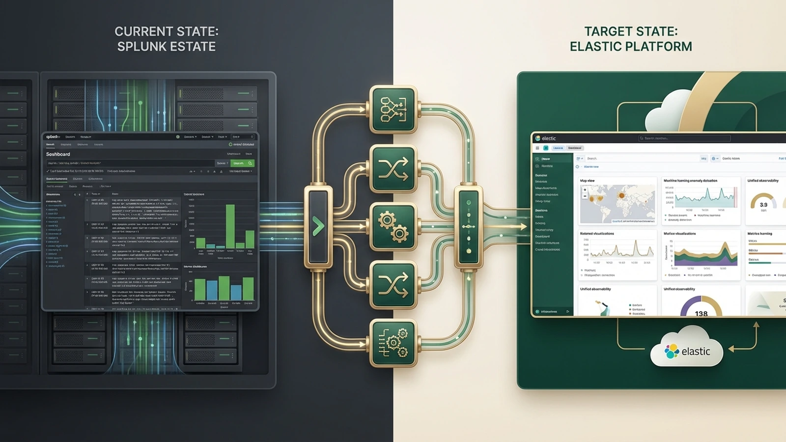 Architecture diagram showing parallel-run migration methodology with data flowing simultaneously to Splunk and Elasticsearch before validated cutover