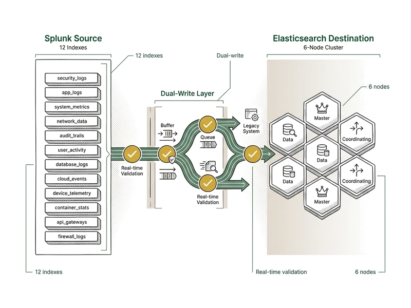 Migration architecture diagram showing Splunk 12-index source, dual-write integration strategy, and Elasticsearch 6-node cluster destination with real-time validation checkpoints