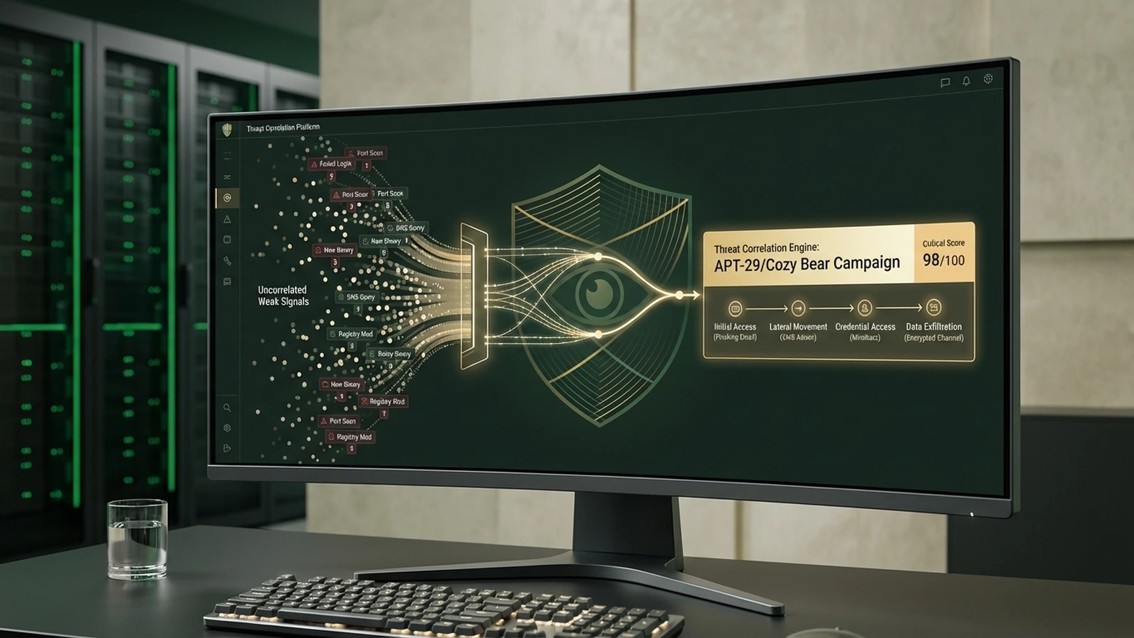 MITRE ATT&CK framework heatmap showing ML-detected threat technique coverage in green and gold priority alerts across attack tactic categories