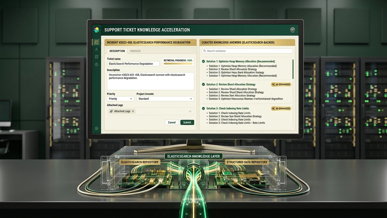 Geometric split-screen comparing scattered broken search tiles with connected semantic search tiles in green and gold