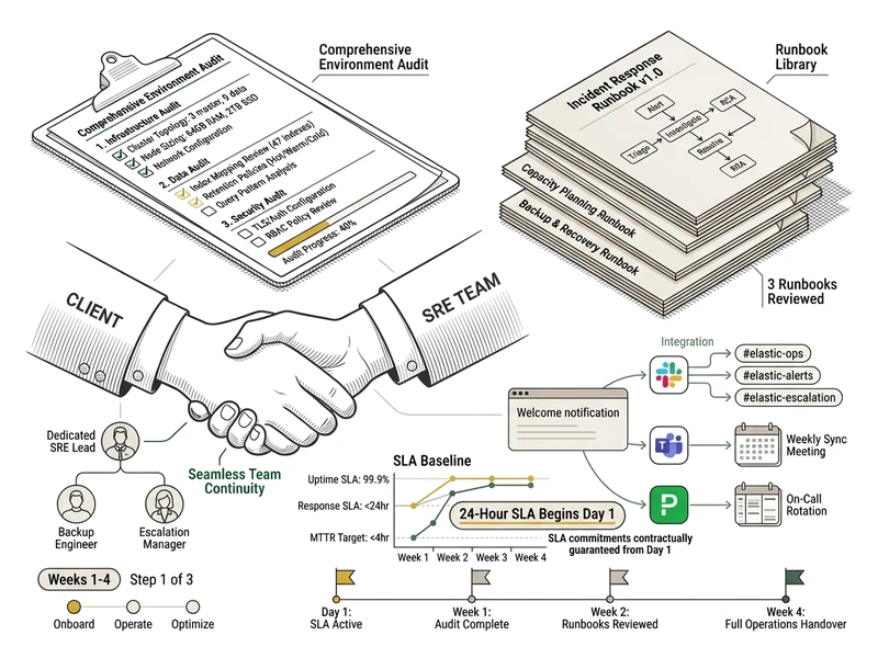 Onboarding phase: environment audit, runbook creation, SLA baseline establishment, and team handshake