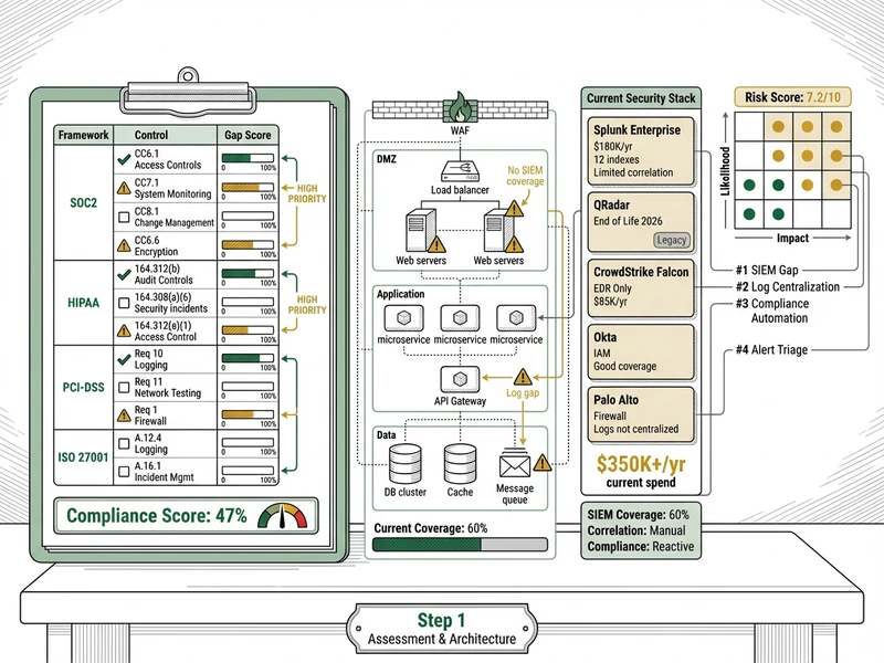 SIEM assessment phase: security posture audit, compliance gap analysis, and architecture design