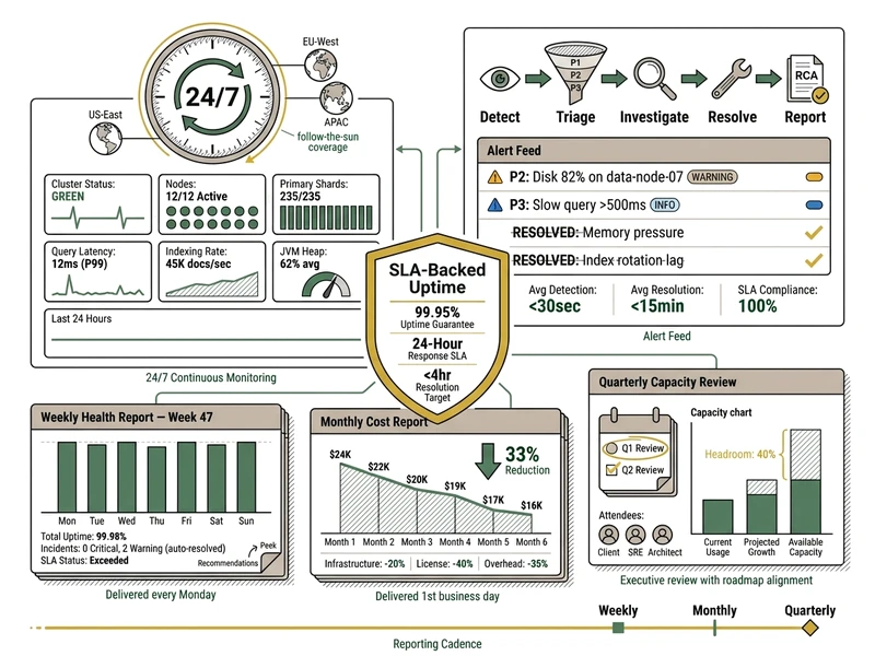 Steady-state operations: 24/7 monitoring, incident triage, weekly reporting, and SLA-backed uptime