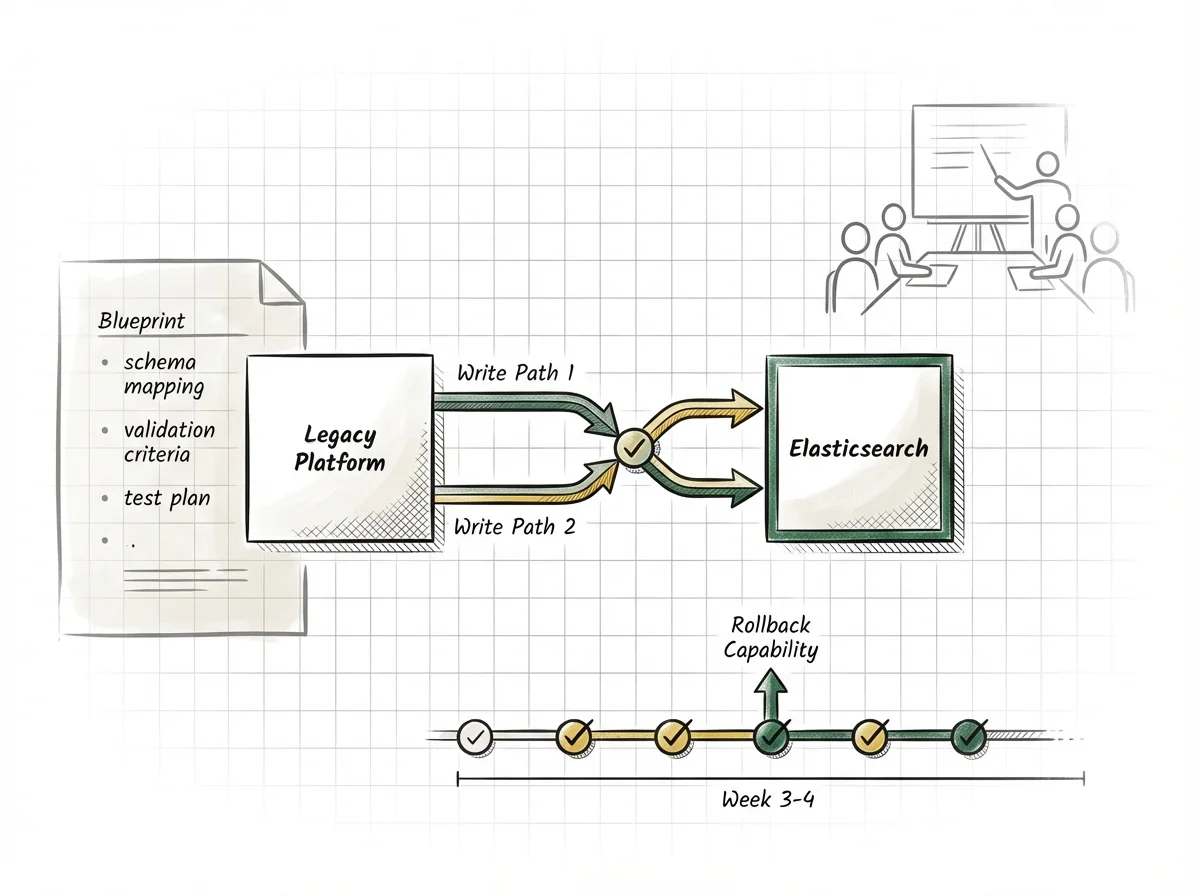 Migration architecture diagram with dual-write strategy and rollback checkpoints