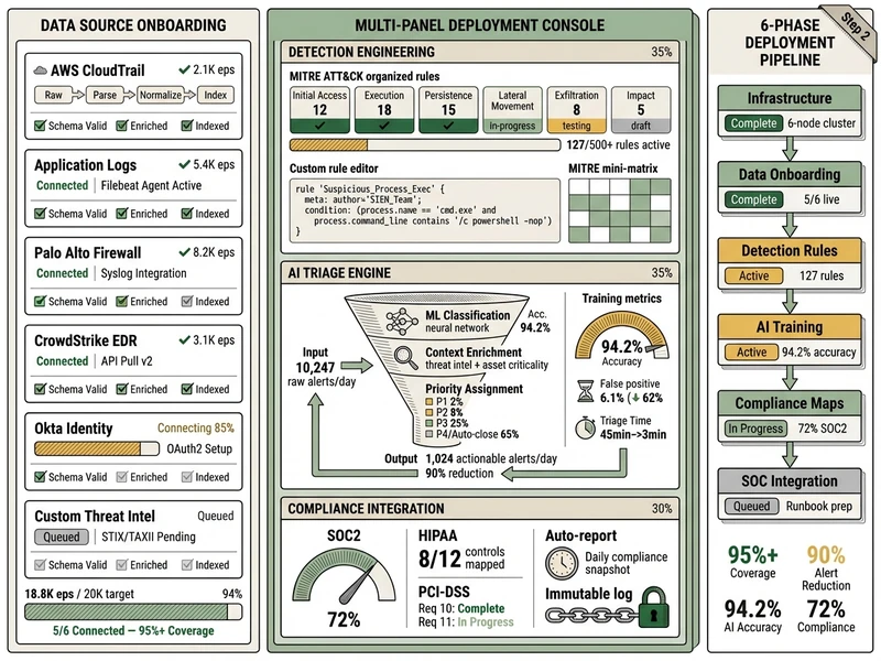 SIEM implementation phase: data source integration, correlation rules deployment, and AI triage activation