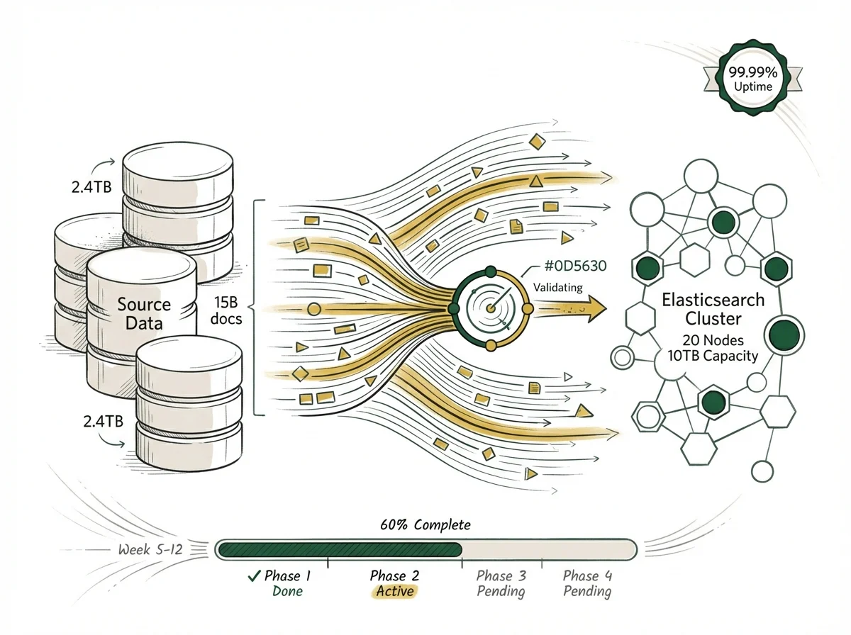 Data flow animation showing phased migration from source platform to Elasticsearch