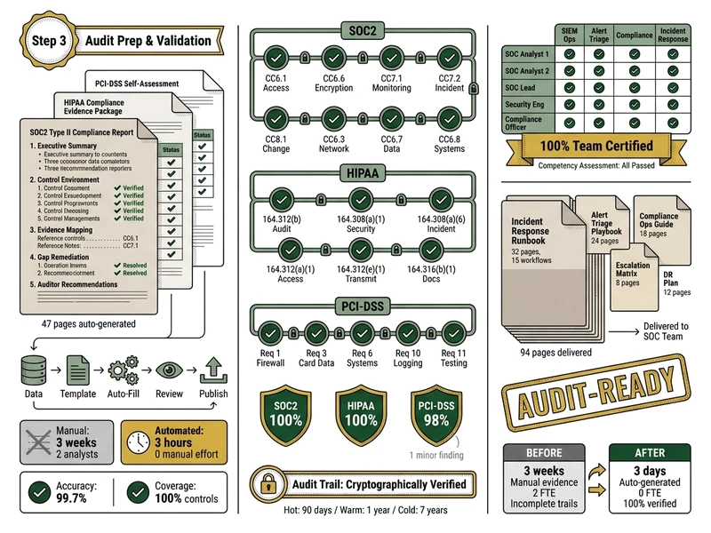 SIEM validation phase: audit trail verification, compliance report generation, and security team training