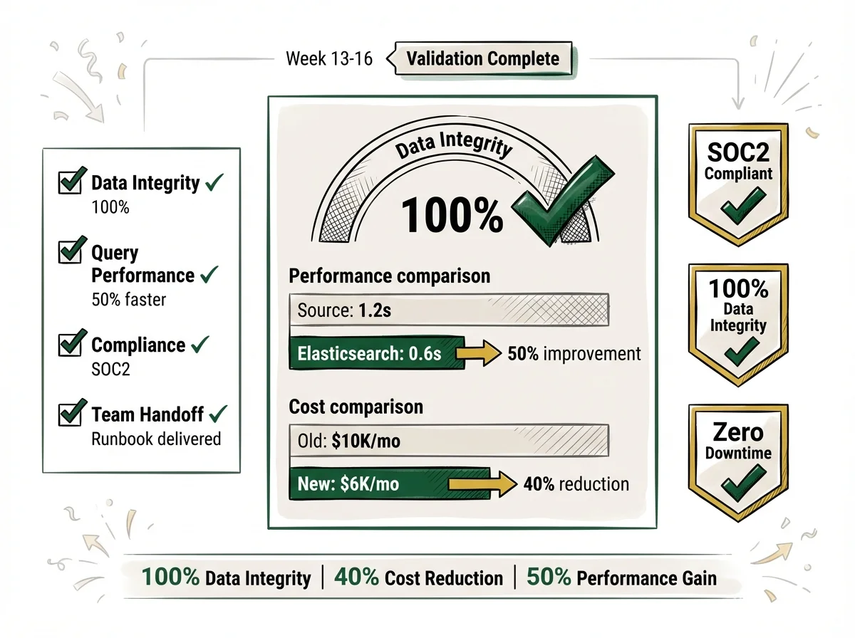 Validation dashboard with performance benchmarks and compliance verification checkmarks